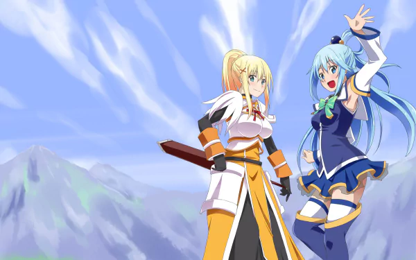 A vibrant HD desktop wallpaper featuring Darkness and Aqua from *KonoSuba - God’s Blessing on This Wonderful World!!*, set against a backdrop of mountains and a bright sky.