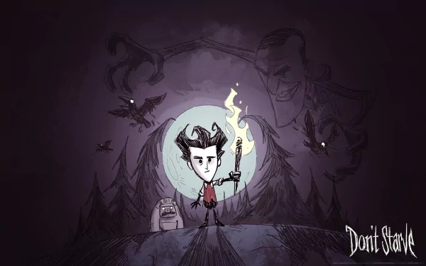 A HD desktop wallpaper from the game Don't Starve, featuring a character holding a torch amidst a dark, eerie forest with shadowy figures and creatures.