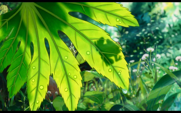 HD PC desktop wallpaper from The Secret World of Arrietty: anime-style sunlit close-up of a large green leaf with dewdrops against lush, blurred garden foliage.