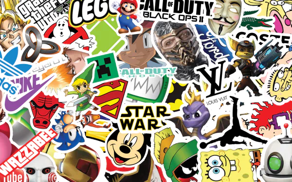 HD desktop wallpaper featuring a vibrant sticker bomb design with assorted pop culture and brand stickers.