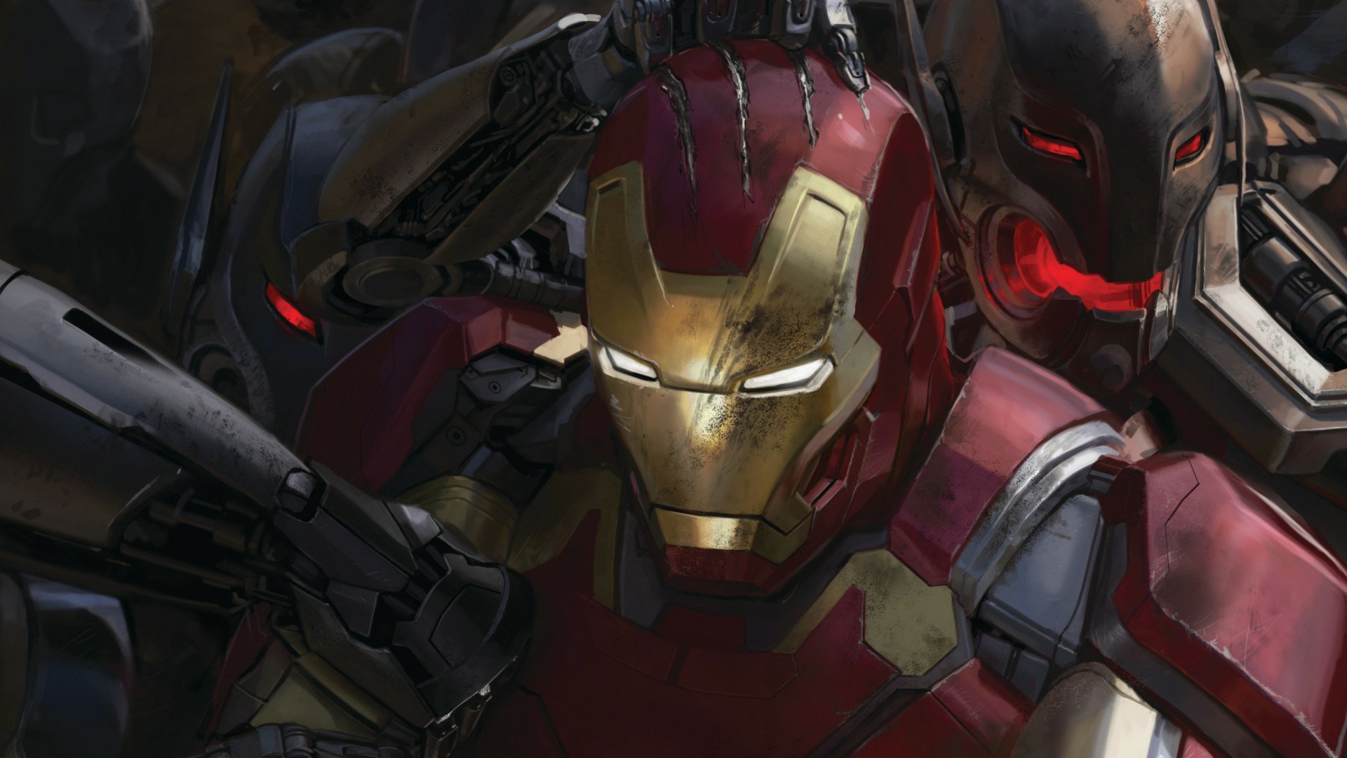 HD PC desktop wallpaper featuring Iron Man in his armor from Avengers: Age of Ultron, surrounded by Ultron robots with glowing red eyes.