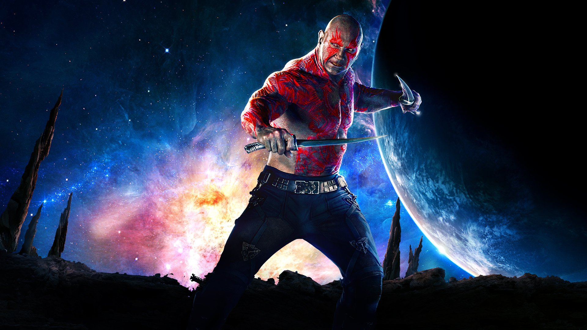 HD PC desktop wallpaper of Drax from the movie Guardians of the Galaxy, featuring a cosmic background with vibrant colors and a planet in the distance.