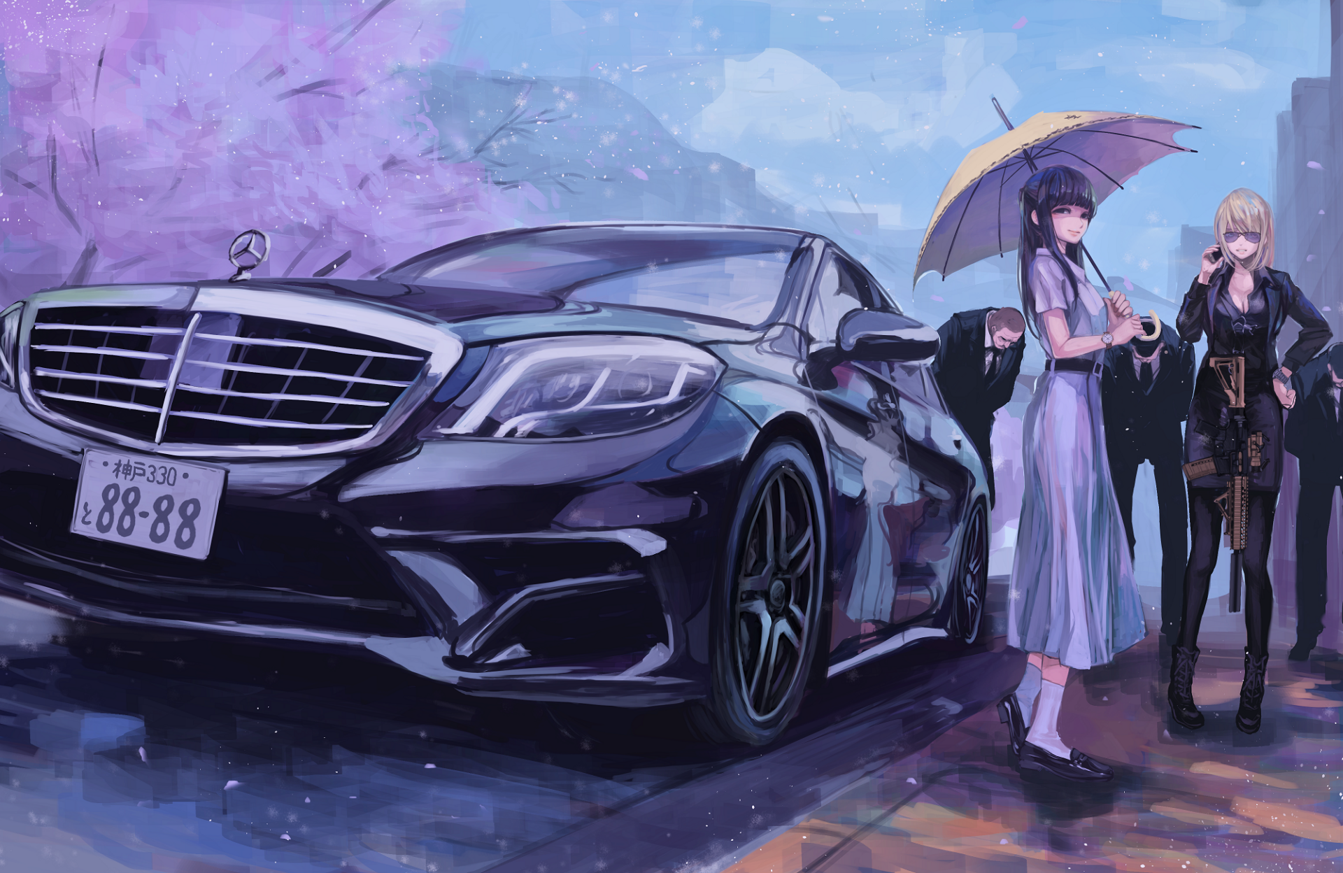 Anime-inspired HD desktop wallpaper featuring two characters beside a sleek black car under cherry blossoms, creating a vibrant and captivating scene.