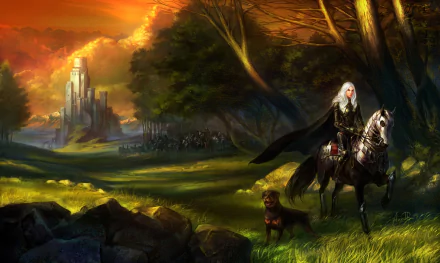 A fantasy landscape HD wallpaper featuring a knight on horseback accompanied by a dog, with a glowing castle in the distance under a dramatic sunset sky.