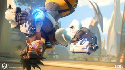HD desktop wallpaper and background featuring Tracer, a character from the video game Overwatch, in an action pose with dual pistols, set in a futuristic environment.