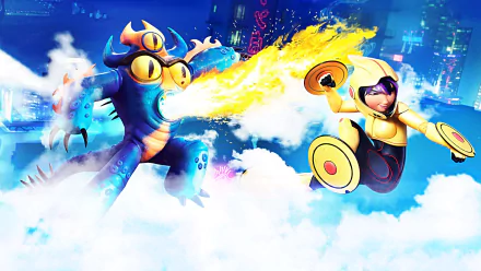 HD PC desktop wallpaper of Fredzilla from the Big Hero 6 movie breathing fire across a neon city sky as a yellow‑suited teammate dodges on flying discs.