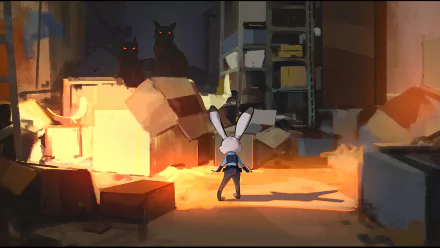 Judy Hopps from the movie Zootopia stands bravely in a dimly lit environment, surrounded by boxes and shadows, capturing a moment of suspense in this HD PC desktop wallpaper.