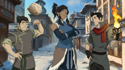 HD desktop wallpaper featuring Korra, Mako, and Bolin from the anime series Avatar: The Legend of Korra, set in a detailed city street backdrop.