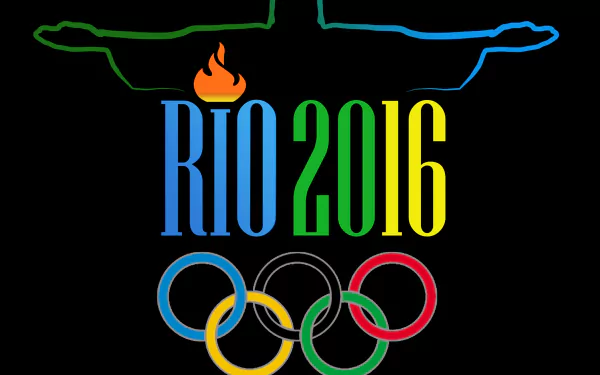 HD desktop wallpaper featuring the Rio 2016 Summer Olympics logo with colorful text, Olympic rings, and stylized flame and wave design.