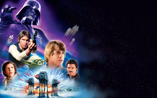 HD desktop wallpaper featuring key characters from Star Wars Episode V: The Empire Strikes Back, including Darth Vader, Luke Skywalker, Han Solo, Princess Leia, Yoda, Lando Calrissian, and AT-AT Walkers.