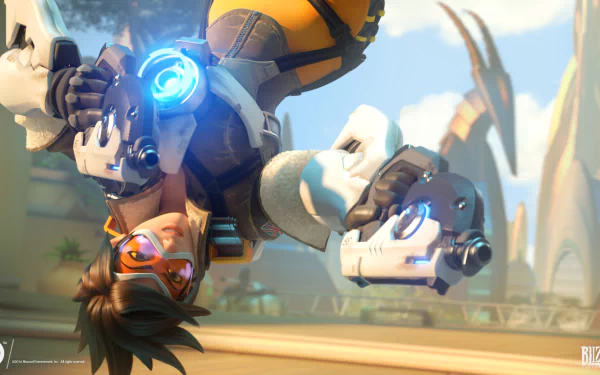 HD desktop wallpaper and background featuring Tracer, a character from the video game Overwatch, in an action pose with dual pistols, set in a futuristic environment.