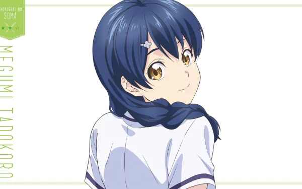 HD wallpaper featuring Megumi Tadokoro from *Shokugeki no Soma*, smiling and looking back over her shoulder, embodying the spirit of the beloved anime *Food Wars: Shokugeki no Soma*.