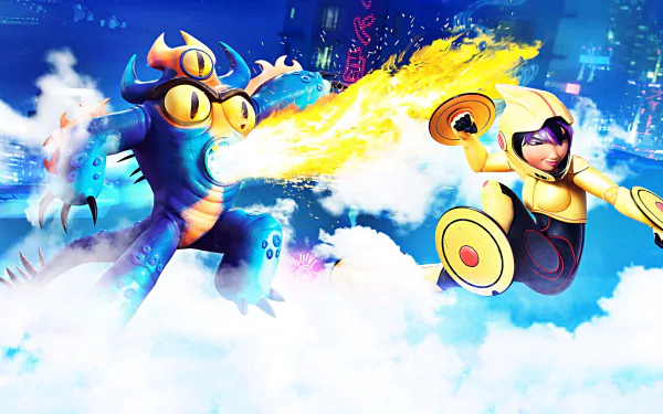 HD PC desktop wallpaper of Fredzilla from the Big Hero 6 movie breathing fire across a neon city sky as a yellow‑suited teammate dodges on flying discs.