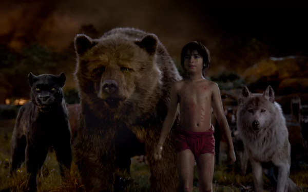 A scene from the 2016 movie The Jungle Book featuring Mowgli surrounded by a bear and two wolves, showcasing a magical and adventurous atmosphere in this HD desktop wallpaper.