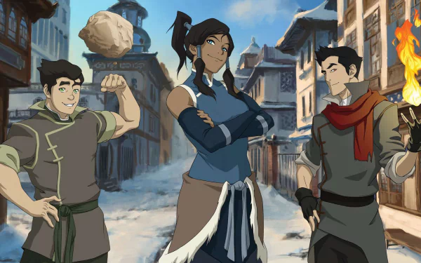 HD desktop wallpaper featuring Korra, Mako, and Bolin from the anime series Avatar: The Legend of Korra, set in a detailed city street backdrop.