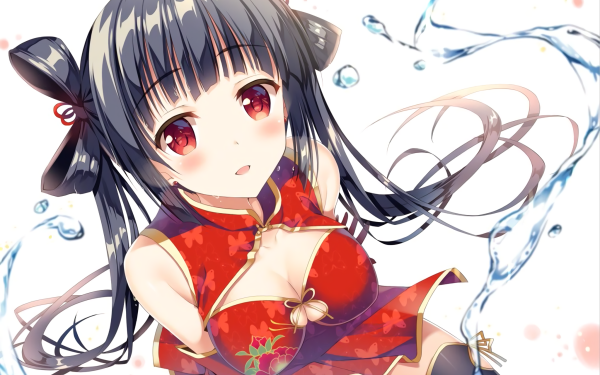 Anime Original Blush Long Hair Black Hair Red Eyes Smile Water Pantyhose Dress HD Wallpaper | Background Image