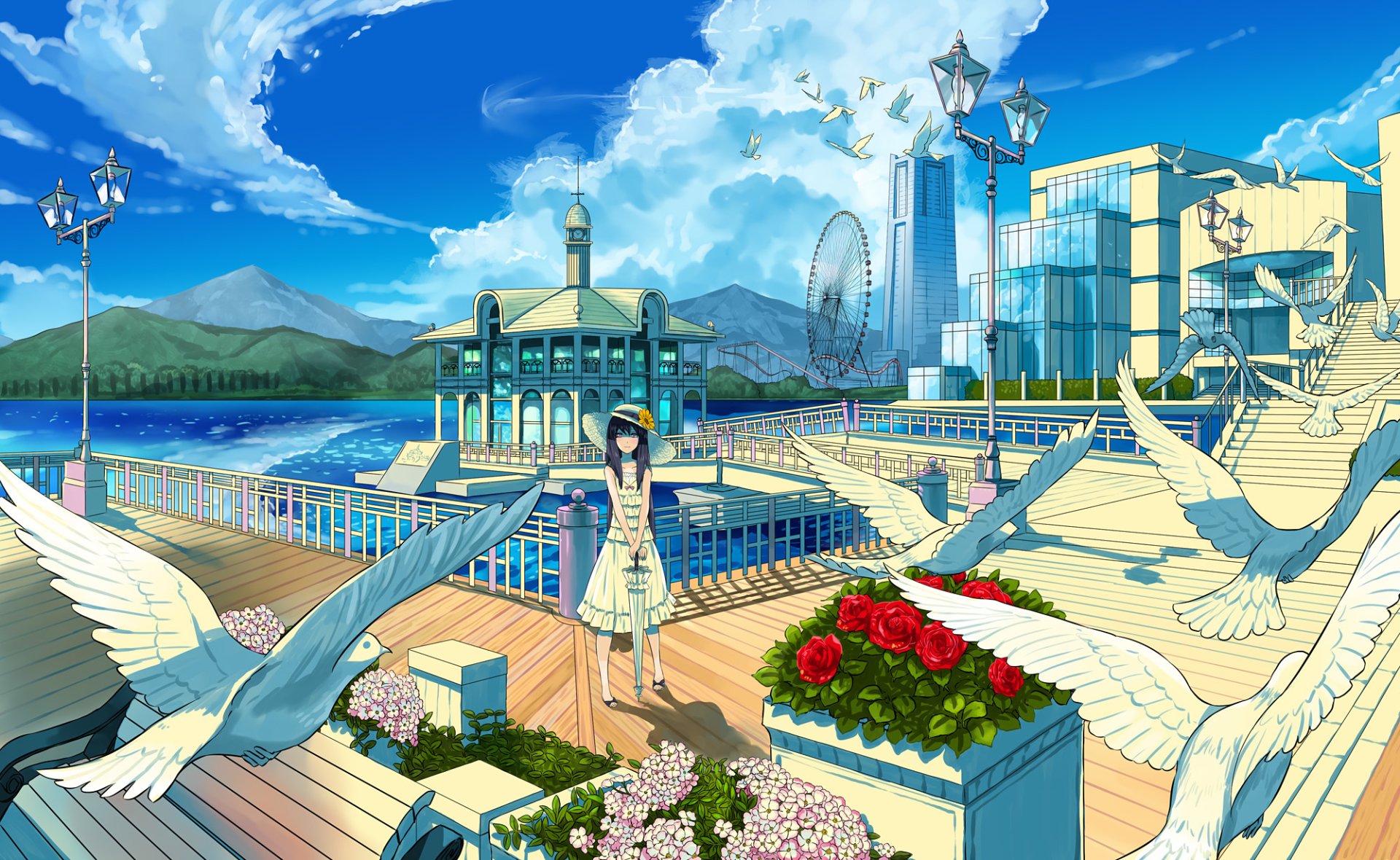 A serene anime-inspired HD wallpaper featuring a girl standing by a waterfront, surrounded by doves and blooming flowers under a vibrant sky.