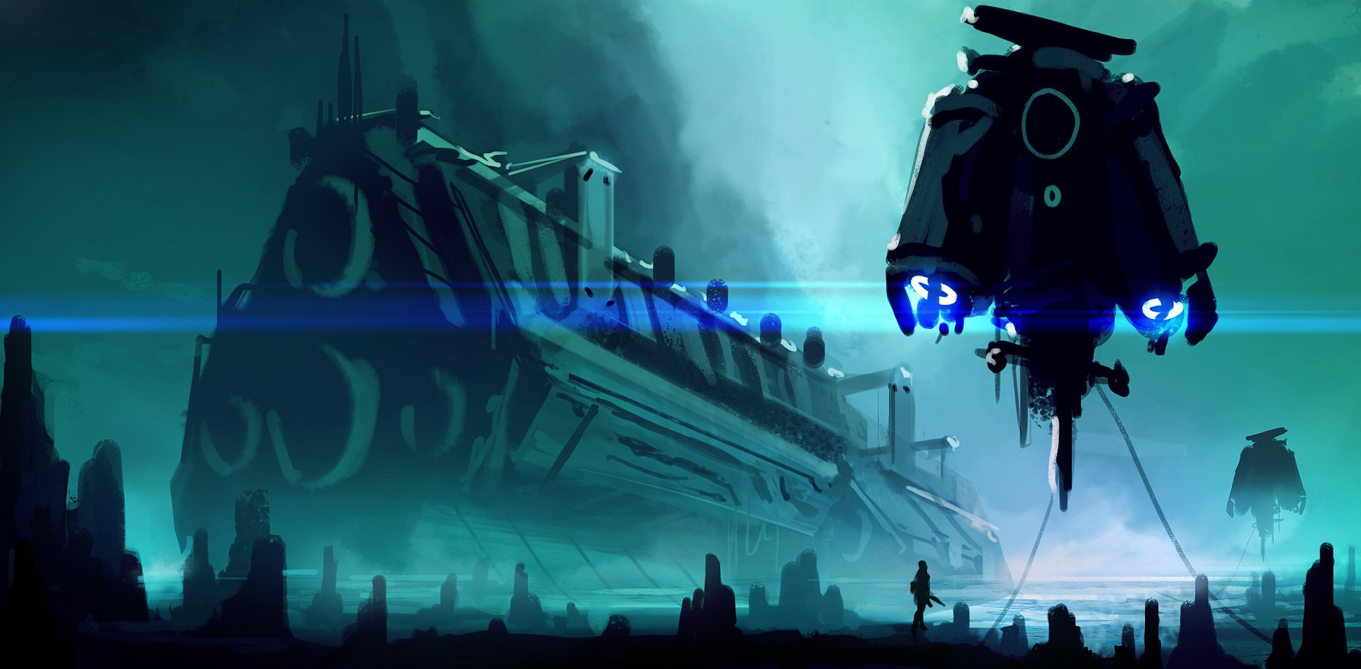 HD Sci-Fi desktop wallpaper featuring a massive spaceship hovering over a futuristic landscape with glowing blue lights and a lone figure observing below.