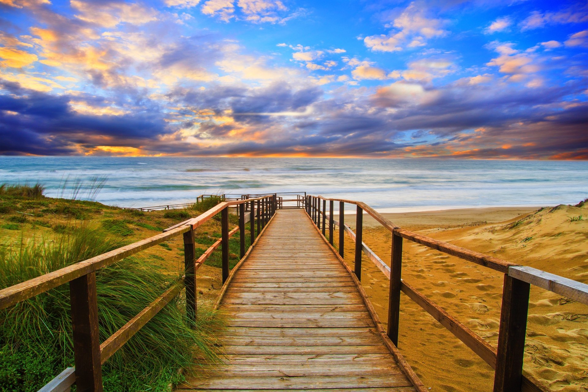 Download Horizon Sunset Ocean Beach Walkway Man Made Path  4k Ultra HD Wallpaper
