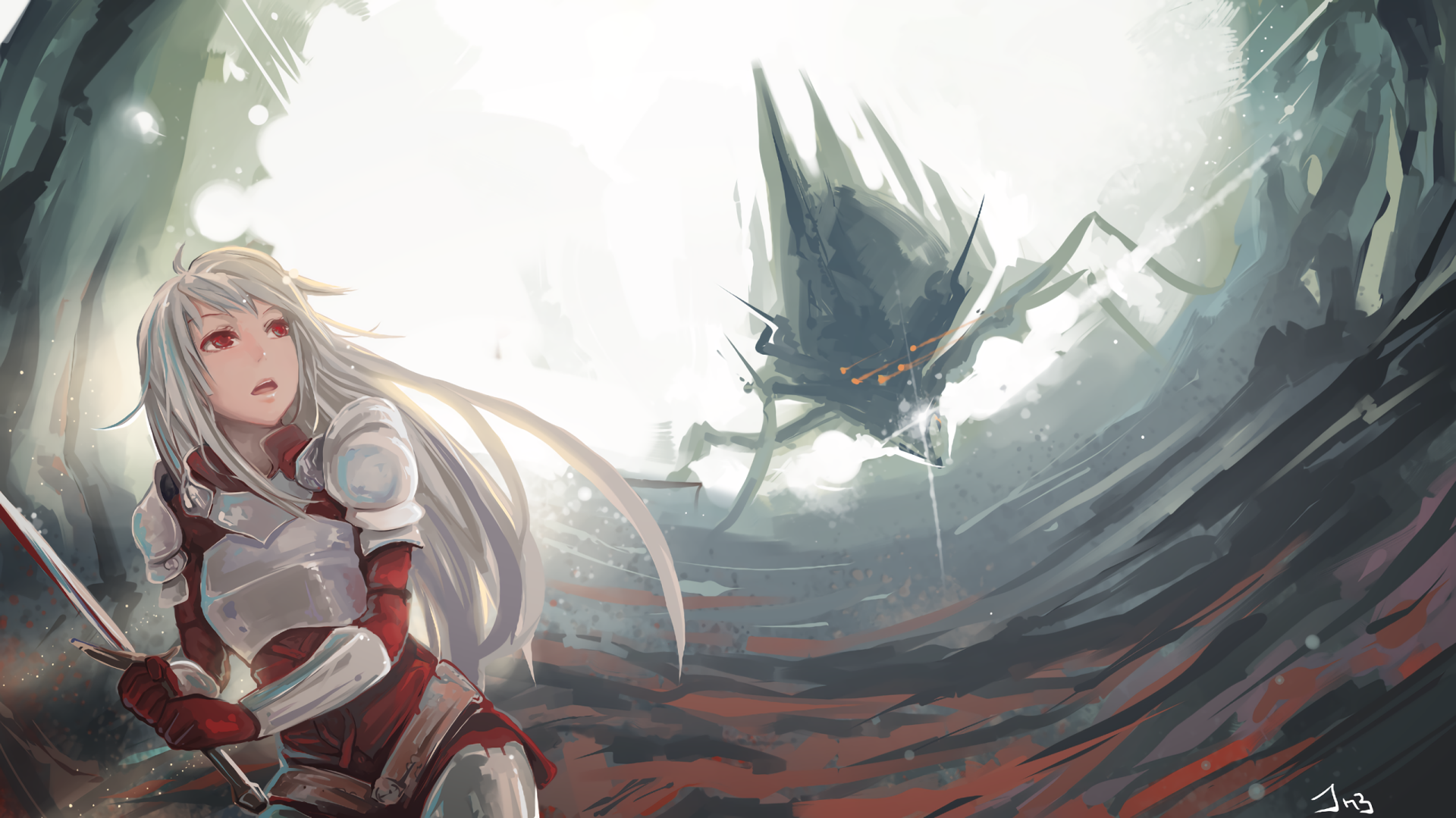 Anime-style HD PC desktop wallpaper from Pixiv Fantasia featuring a white-haired armored warrior facing a menacing, spider-like creature in a dramatic, misty battlefield.