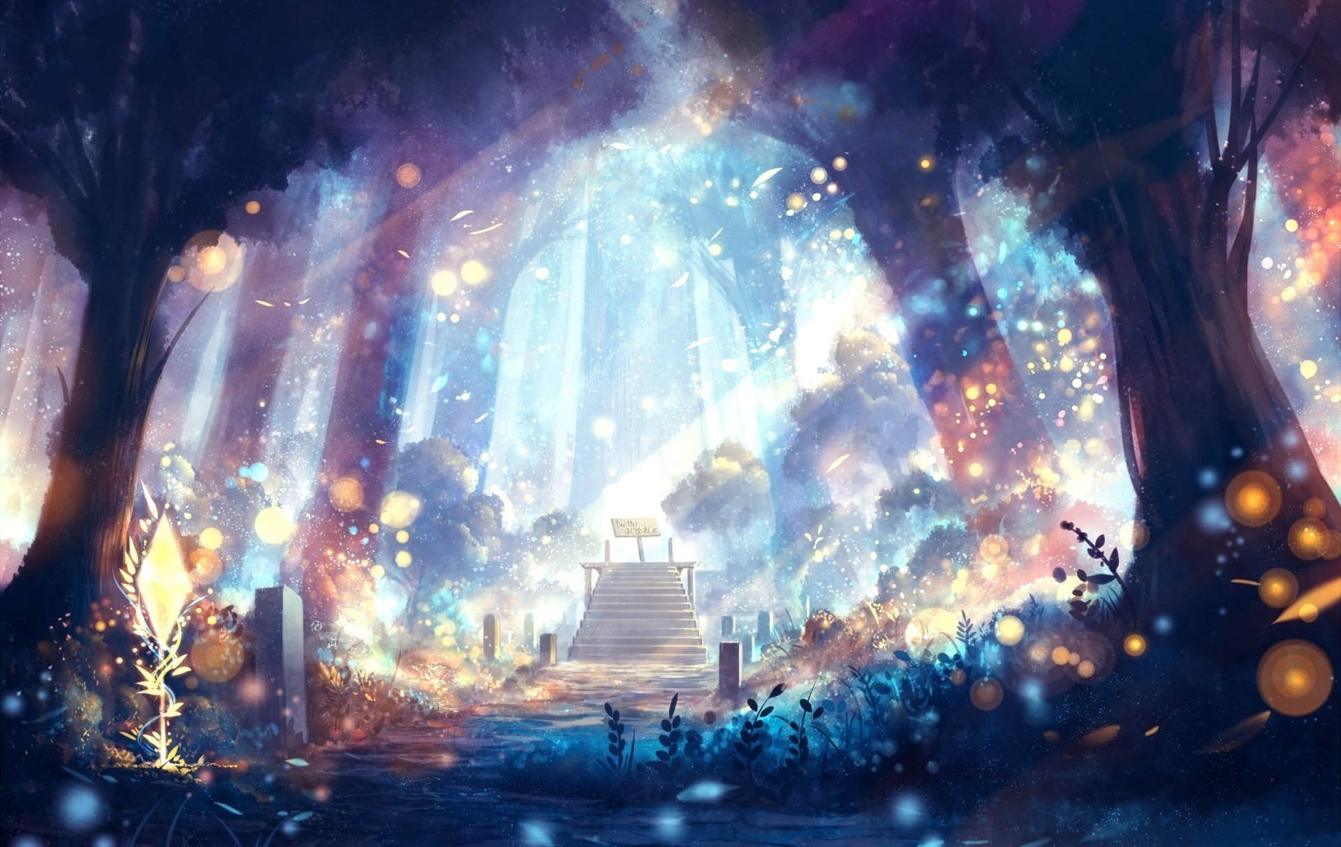 Fantasy forest scene illuminated by glowing orbs and ethereal light beams, rendered in vibrant colors for an HD PC desktop wallpaper background.