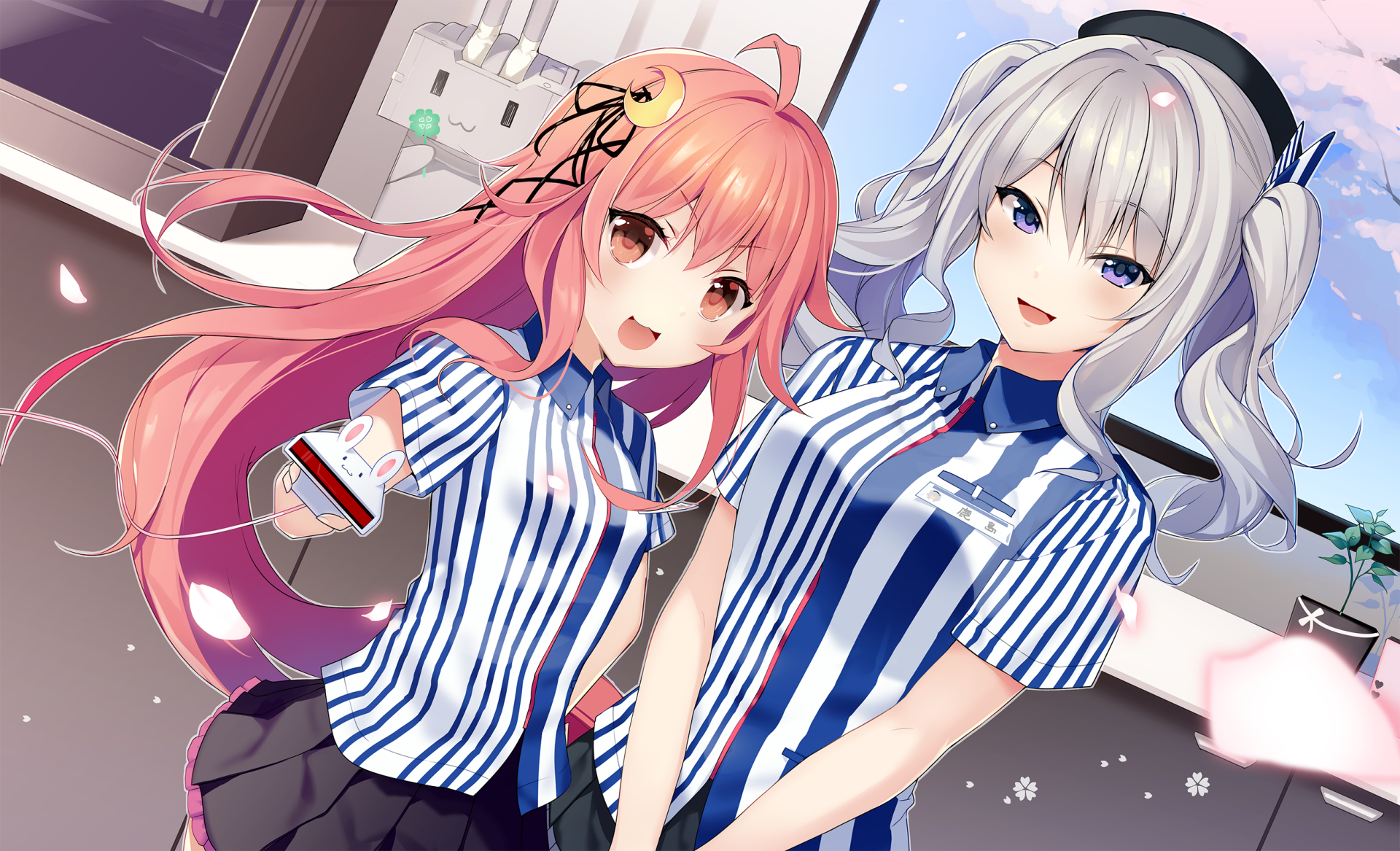 Uzuki and Kashima from Kantai Collection pose together in an HD anime wallpaper, showcasing their cheerful expressions and stylish outfits, set against a bright background.