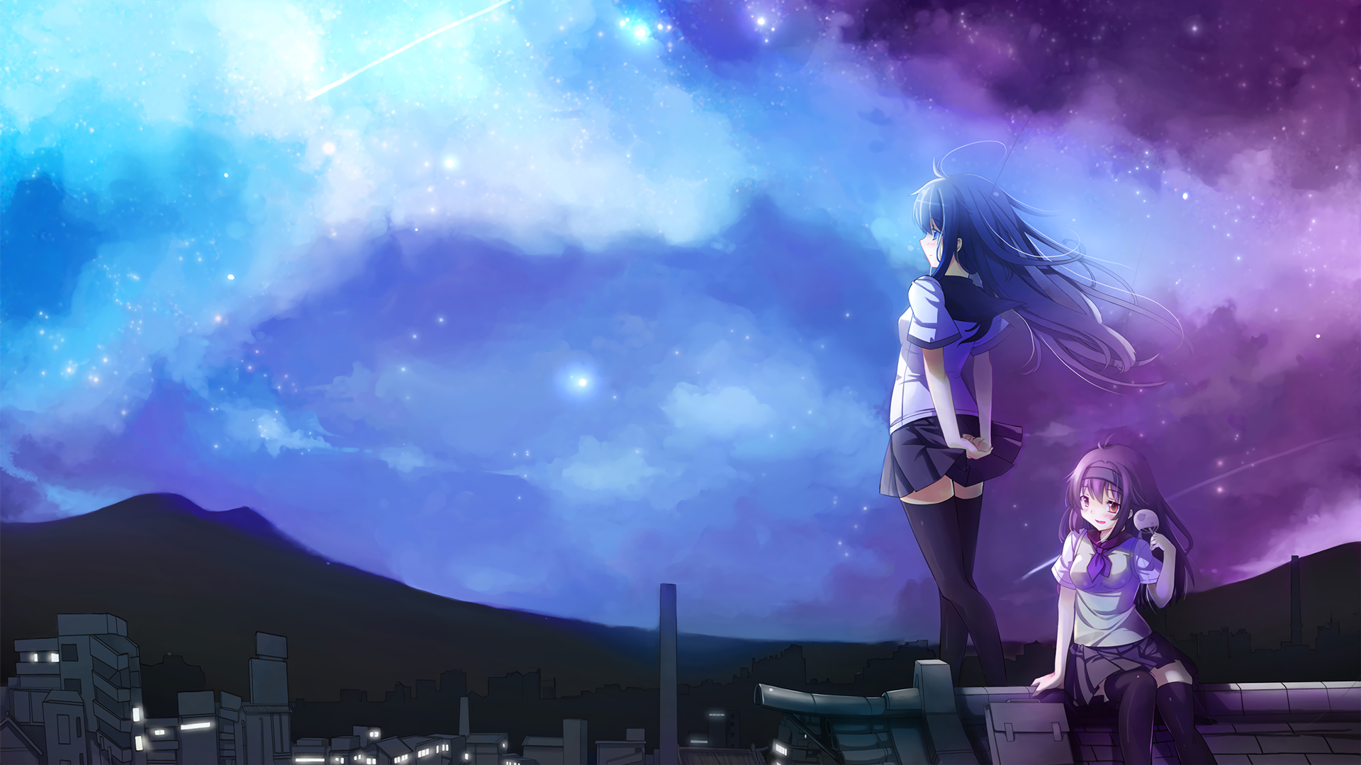 Anime-inspired HD wallpaper depicting two characters against a vibrant night sky filled with stars and a purple hue, creating a captivating and original background.