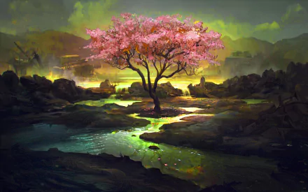 A vivid landscape featuring a lonely pink-blossomed tree by a glowing river, blending natural beauty with man-made elements in a Magic: The Gathering HD desktop wallpaper.