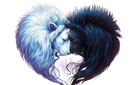 HD desktop wallpaper featuring a Yin & Yang theme with two lions, one white and one black, positioned head-to-head forming a heart shape.