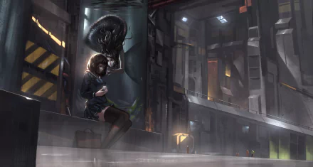 A stunning 4K Ultra HD anime wallpaper featuring a mysterious scene: a girl sits pensively in an industrial setting, while a shadowy figure looms behind her. Original artwork.