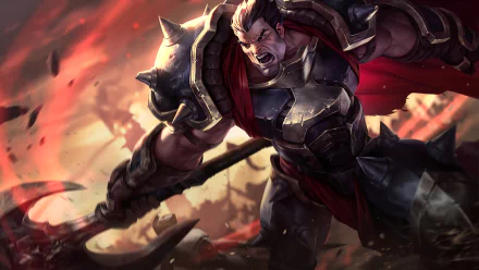 An HD desktop wallpaper featuring Darius from League of Legends, showcasing his fierce expression and powerful stance amidst a dramatic battlefield background.
