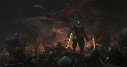 A dark warrior in imposing armor stands before an orc army, wielding swords as a dragon looms overhead amidst a fiery battlefield, creating a dramatic fantasy scene.