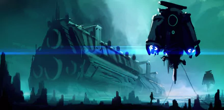 HD Sci-Fi desktop wallpaper featuring a massive spaceship hovering over a futuristic landscape with glowing blue lights and a lone figure observing below.