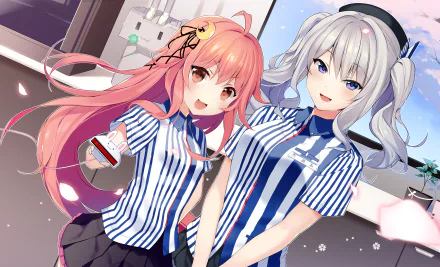Uzuki and Kashima from Kantai Collection pose together in an HD anime wallpaper, showcasing their cheerful expressions and stylish outfits, set against a bright background.