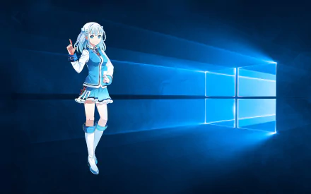 A vibrant HD desktop wallpaper featuring Touko Madobe, the anime character representing Windows 10, standing against a sleek blue background with Windows logo elements.