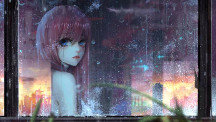HD anime artwork of an original character with long pink hair, gazing through a rain-speckled window at a colorful cityscape at sunset, designed as a PC desktop wallpaper.