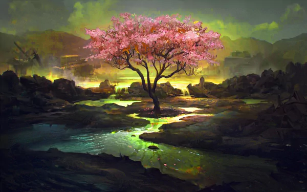 A vivid landscape featuring a lonely pink-blossomed tree by a glowing river, blending natural beauty with man-made elements in a Magic: The Gathering HD desktop wallpaper.