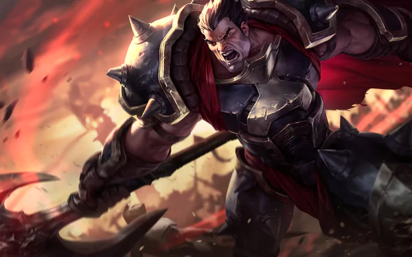 An HD desktop wallpaper featuring Darius from League of Legends, showcasing his fierce expression and powerful stance amidst a dramatic battlefield background.