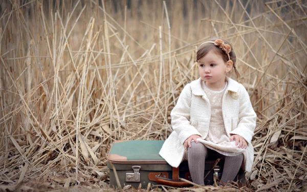 2K Quad HD PC desktop wallpaper: little girl sits on a vintage suitcase in tall dry grass, soft child photography background.