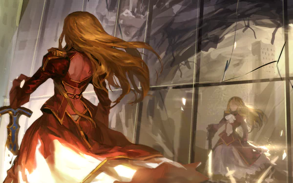 A dynamic HD wallpaper featuring Red Saber from the anime Fate/Extra, showcasing her in a striking pose with flowing hair and a dramatic backdrop.