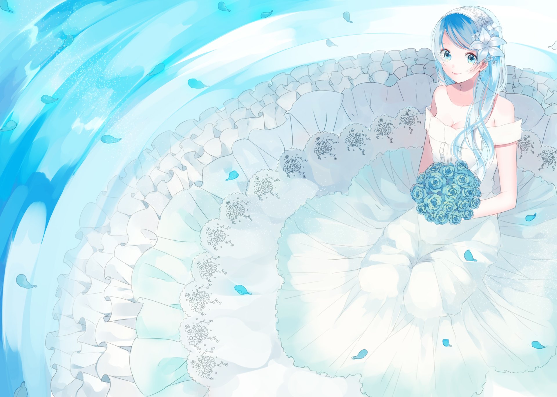 An anime character with blue hair and eyes smiles gently while wearing a flowing white dress adorned with petals, holding a bouquet of blue roses amidst a serene blue backdrop.