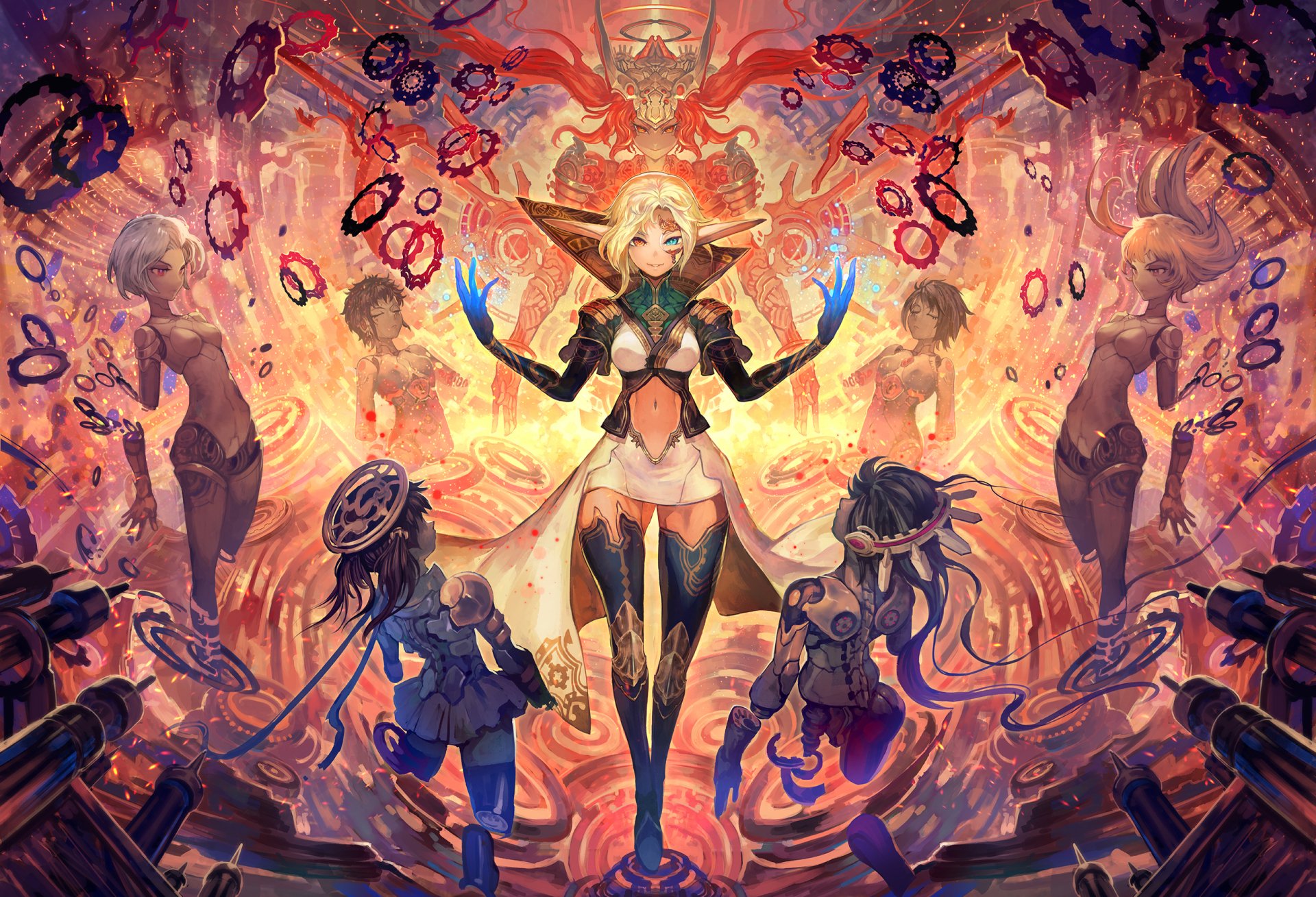 An original anime HD desktop wallpaper featuring a powerful central character surrounded by mystical elements and silhouettes, creating a vibrant, dynamic scene.