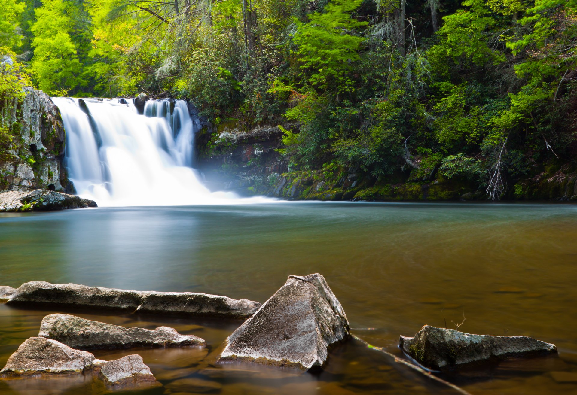 A vibrant 4K Ultra HD desktop wallpaper showcasing Abrams Falls cascading into a serene pool, surrounded by lush green forest in nature.
