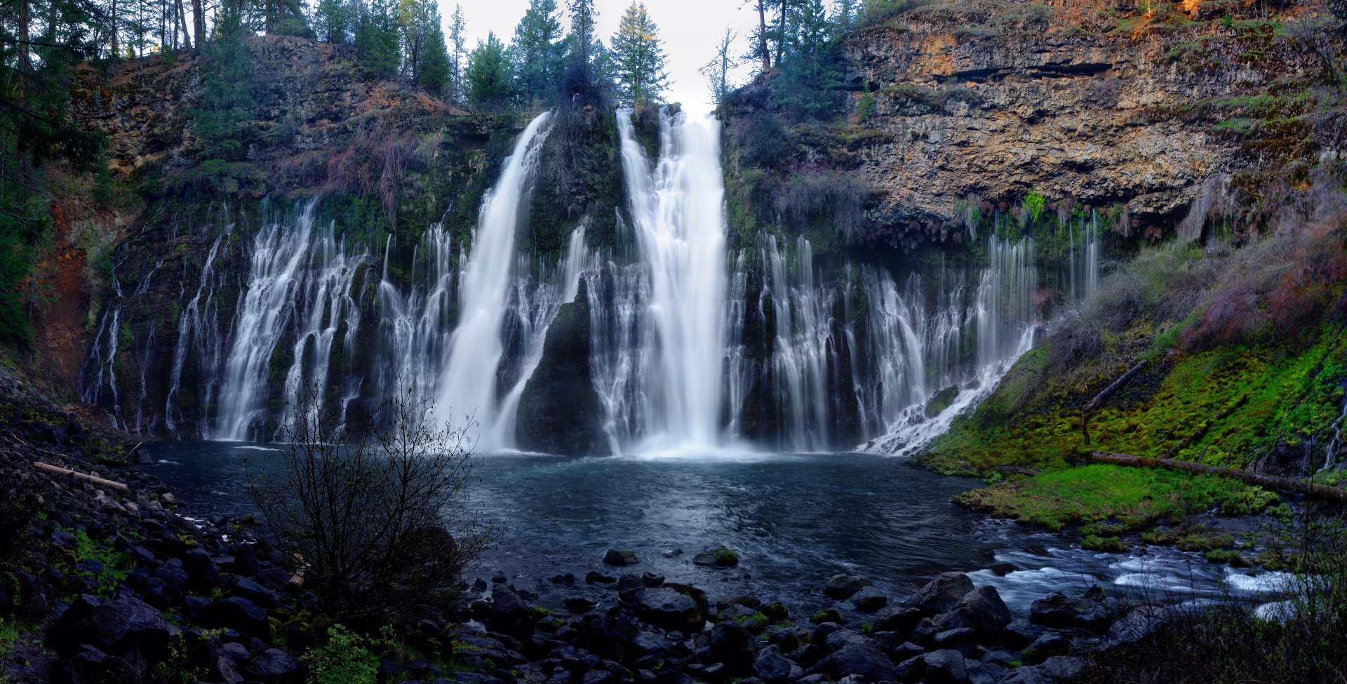 Download California Cliff Nature Waterfall Burney Falls 4k Ultra HD Wallpaper