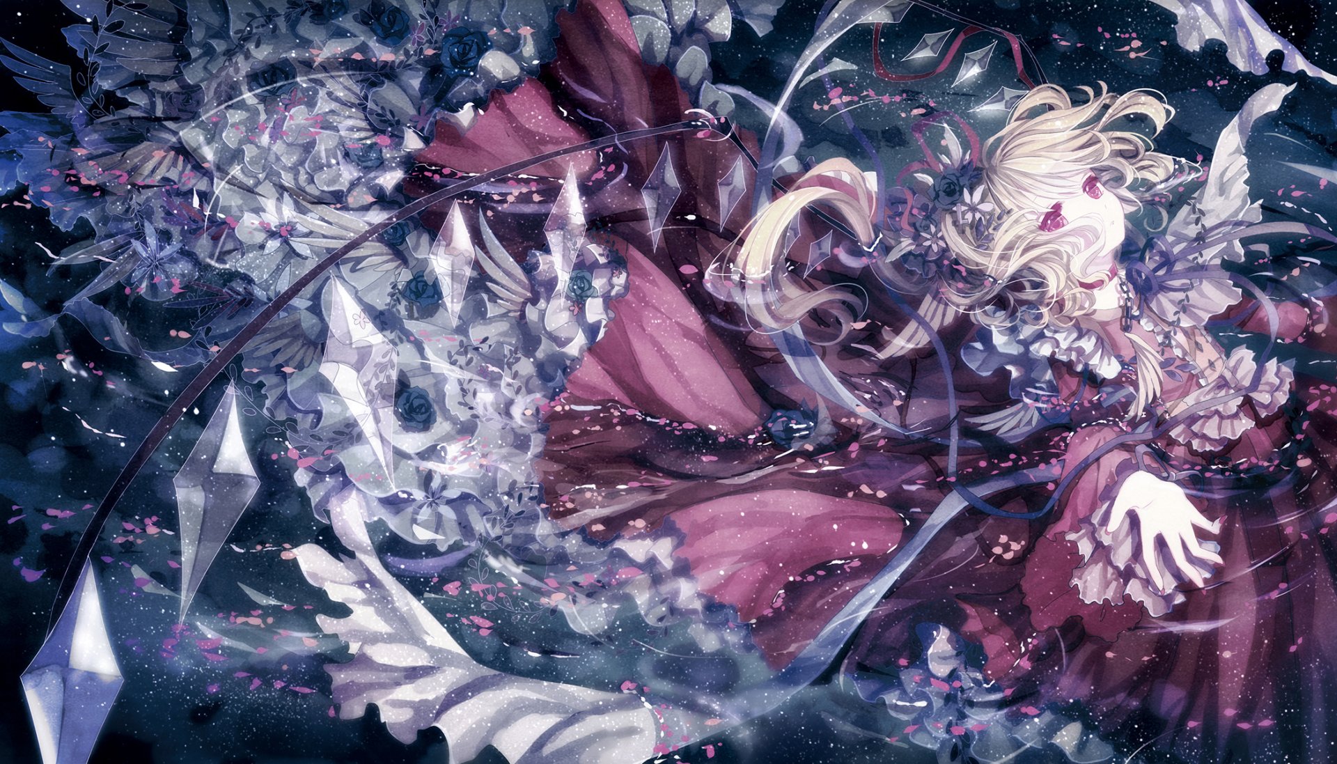 HD anime desktop wallpaper featuring Flandre Scarlet from Touhou, surrounded by swirling crystals and dark floral elements in a dynamic, vivid composition.