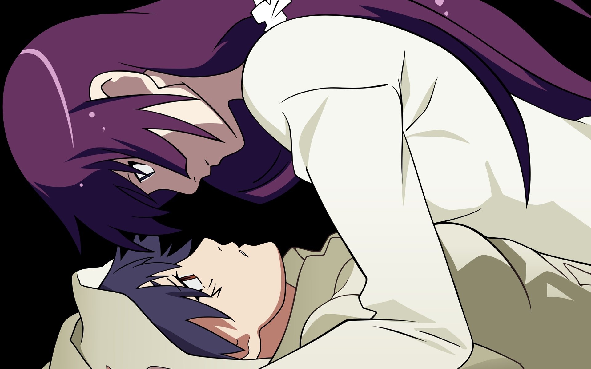 HD anime wallpaper featuring Suruga Kanbaru and Hitagi Senjōgahara from the Monogatari series, showcasing a close, intimate moment in Bakemonogatari style.