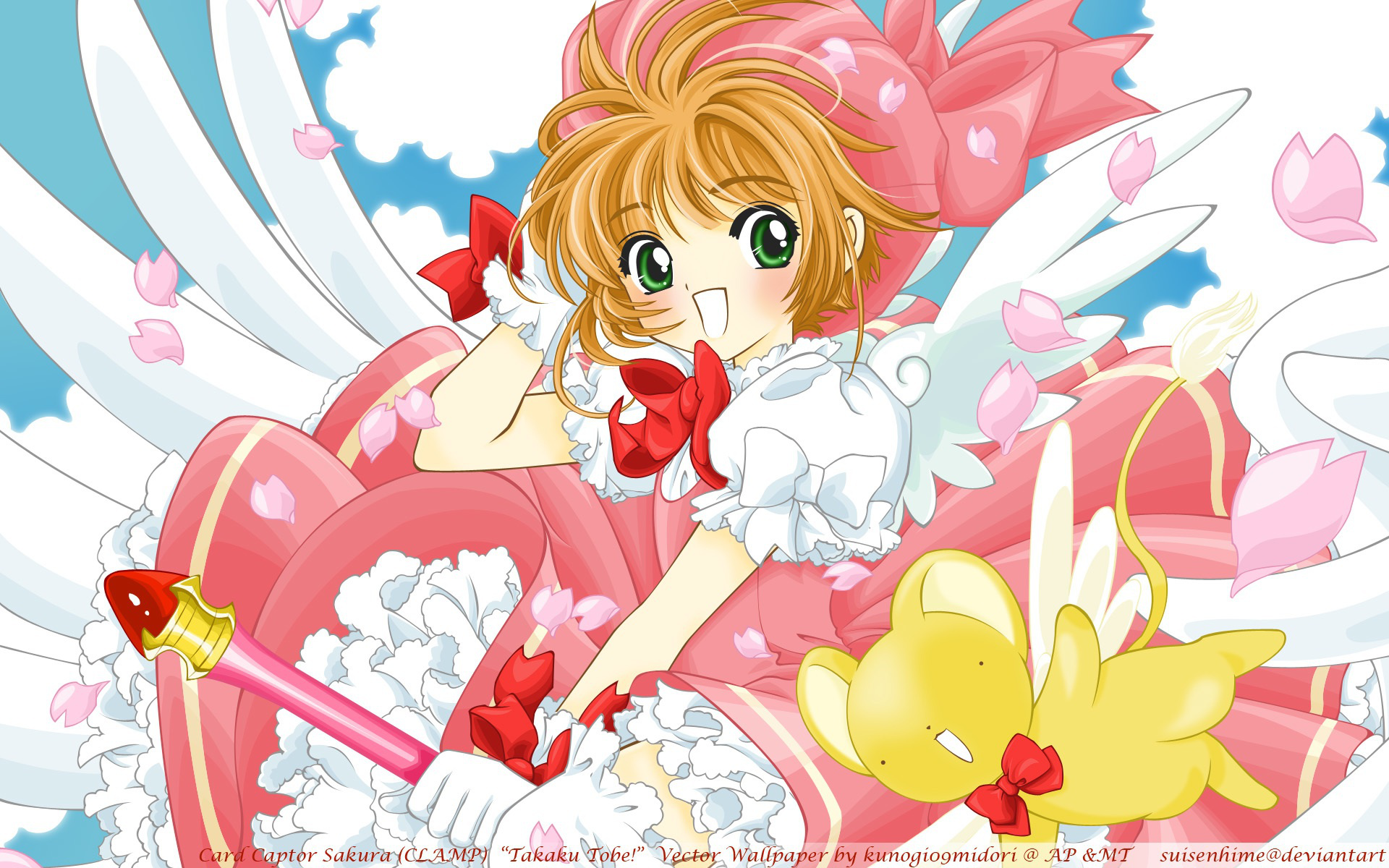 HD PC desktop wallpaper featuring anime character Sakura Kinomoto from Cardcaptor Sakura, surrounded by cherry blossoms and her winged companion Kero-chan.