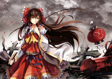 A digital artwork featuring Reimu Hakurei from Touhou, adorned in traditional Japanese clothing. She has long brown hair and stands amidst a dramatic landscape, creating an impactful anime scene.