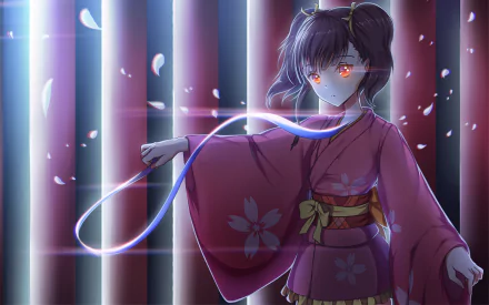 HD desktop wallpaper featuring Mumei from the anime Kabaneri of the Iron Fortress, wearing a pink kimono with glowing eyes and petals swirling around.