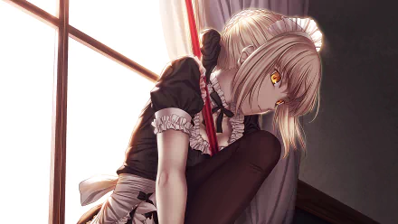 Saber Alter from Fate/Stay Night poses dramatically in an HD anime wallpaper, showcasing her striking features and elegant attire against a softly lit backdrop.
